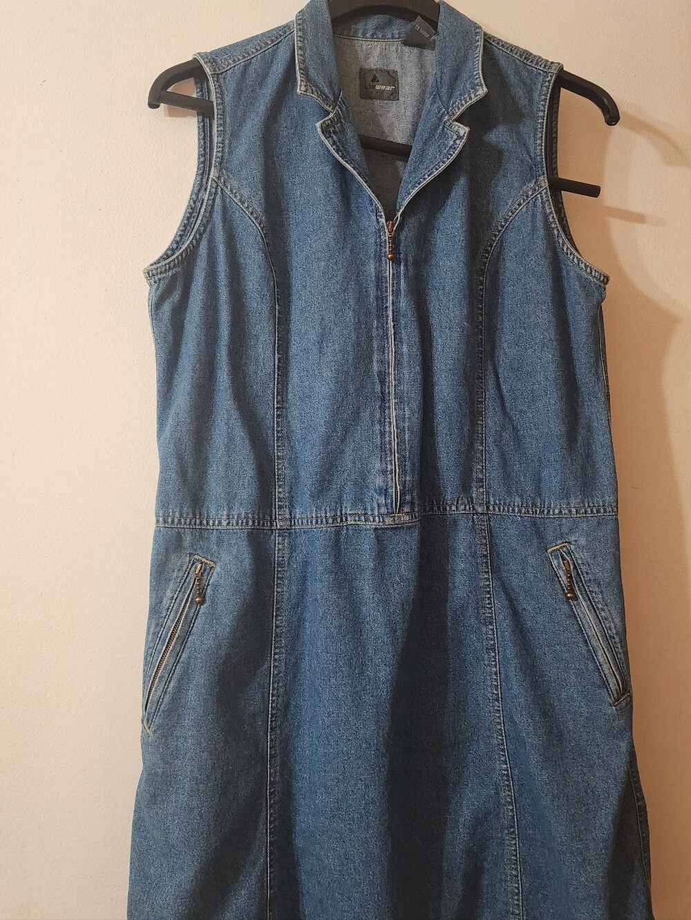 Liz C. Sleeveless Blue Denim Dress with Front Zipper.